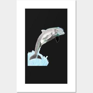 Dolphin Jumping Above the Waves- Dark Blue Posters and Art